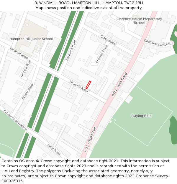 8, WINDMILL ROAD, HAMPTON HILL, HAMPTON, TW12 1RH: Location map and indicative extent of plot