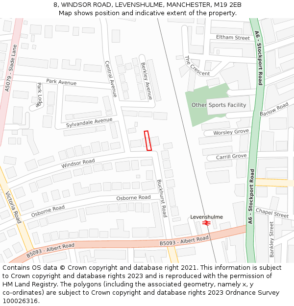 8, WINDSOR ROAD, LEVENSHULME, MANCHESTER, M19 2EB: Location map and indicative extent of plot