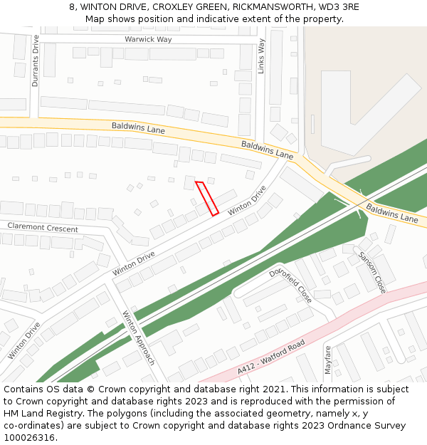 8, WINTON DRIVE, CROXLEY GREEN, RICKMANSWORTH, WD3 3RE: Location map and indicative extent of plot