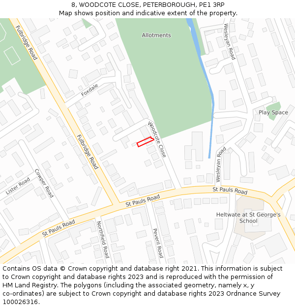 8, WOODCOTE CLOSE, PETERBOROUGH, PE1 3RP: Location map and indicative extent of plot