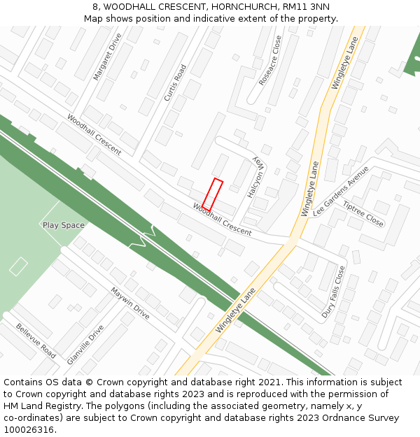 8, WOODHALL CRESCENT, HORNCHURCH, RM11 3NN: Location map and indicative extent of plot