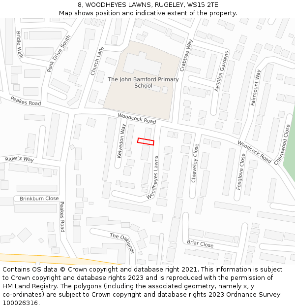 8, WOODHEYES LAWNS, RUGELEY, WS15 2TE: Location map and indicative extent of plot
