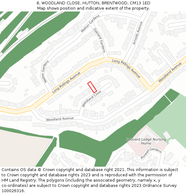 8, WOODLAND CLOSE, HUTTON, BRENTWOOD, CM13 1ED: Location map and indicative extent of plot