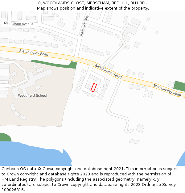 8, WOODLANDS CLOSE, MERSTHAM, REDHILL, RH1 3FU: Location map and indicative extent of plot