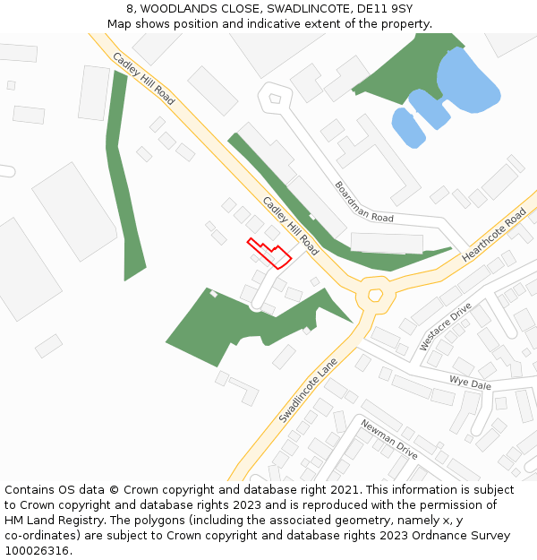 8, WOODLANDS CLOSE, SWADLINCOTE, DE11 9SY: Location map and indicative extent of plot