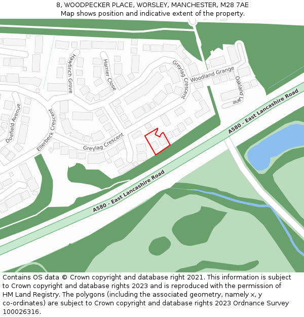 8, WOODPECKER PLACE, WORSLEY, MANCHESTER, M28 7AE: Location map and indicative extent of plot