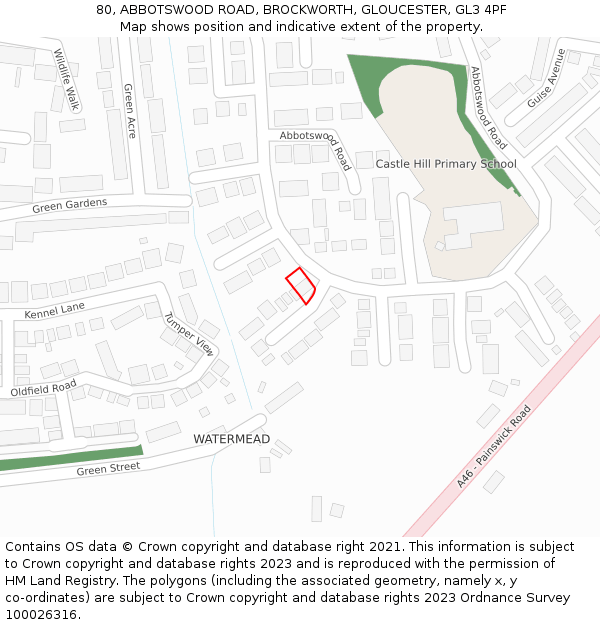 80, ABBOTSWOOD ROAD, BROCKWORTH, GLOUCESTER, GL3 4PF: Location map and indicative extent of plot