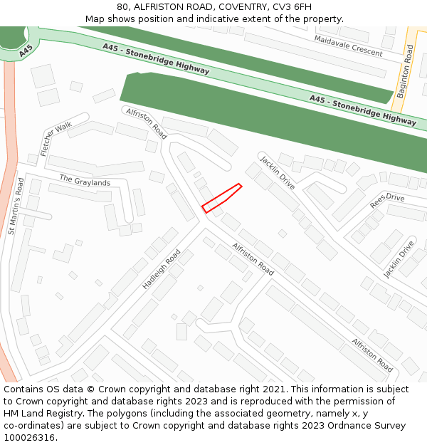 80, ALFRISTON ROAD, COVENTRY, CV3 6FH: Location map and indicative extent of plot