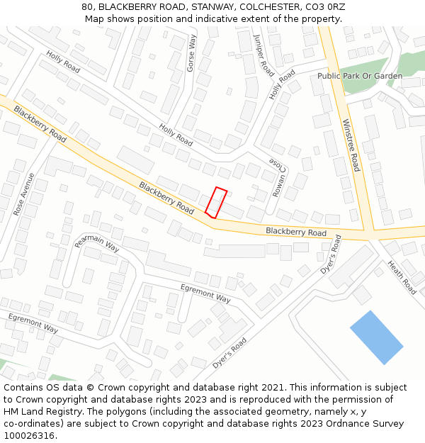 80, BLACKBERRY ROAD, STANWAY, COLCHESTER, CO3 0RZ: Location map and indicative extent of plot