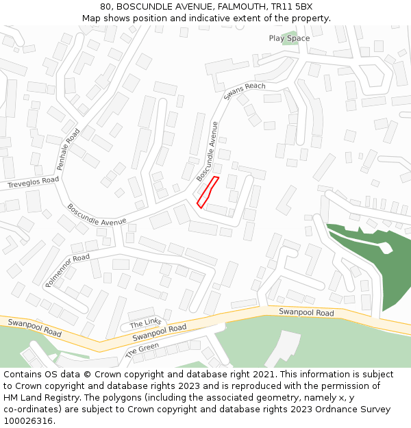 80, BOSCUNDLE AVENUE, FALMOUTH, TR11 5BX: Location map and indicative extent of plot