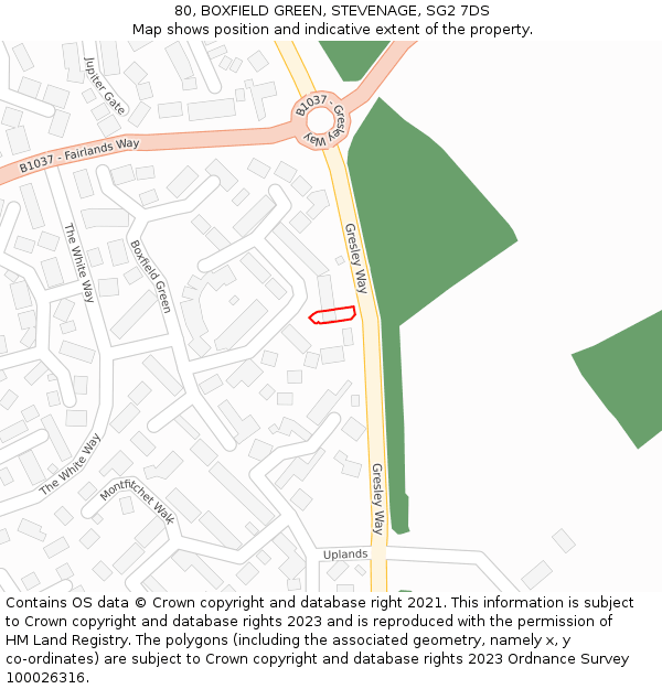 80, BOXFIELD GREEN, STEVENAGE, SG2 7DS: Location map and indicative extent of plot