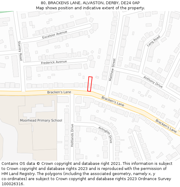 80, BRACKENS LANE, ALVASTON, DERBY, DE24 0AP: Location map and indicative extent of plot