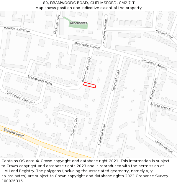 80, BRAMWOODS ROAD, CHELMSFORD, CM2 7LT: Location map and indicative extent of plot