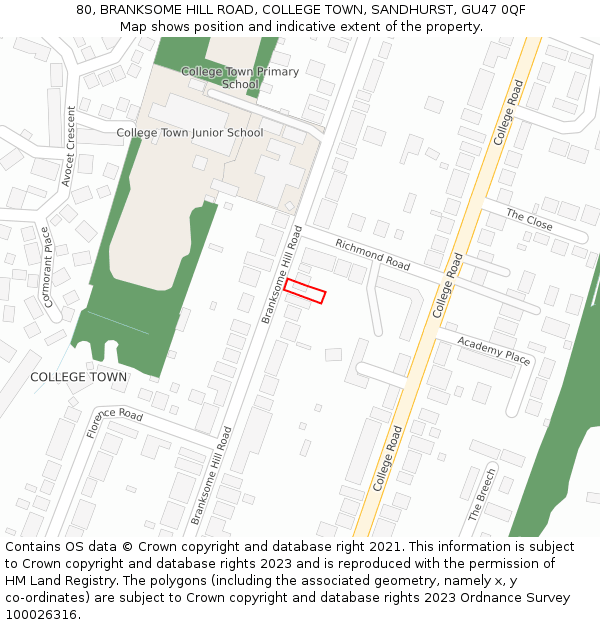 80, BRANKSOME HILL ROAD, COLLEGE TOWN, SANDHURST, GU47 0QF: Location map and indicative extent of plot