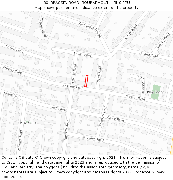 80, BRASSEY ROAD, BOURNEMOUTH, BH9 1PU: Location map and indicative extent of plot