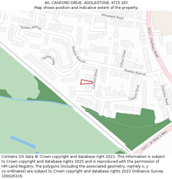 80, CANFORD DRIVE, ADDLESTONE, KT15 2EY: Location map and indicative extent of plot
