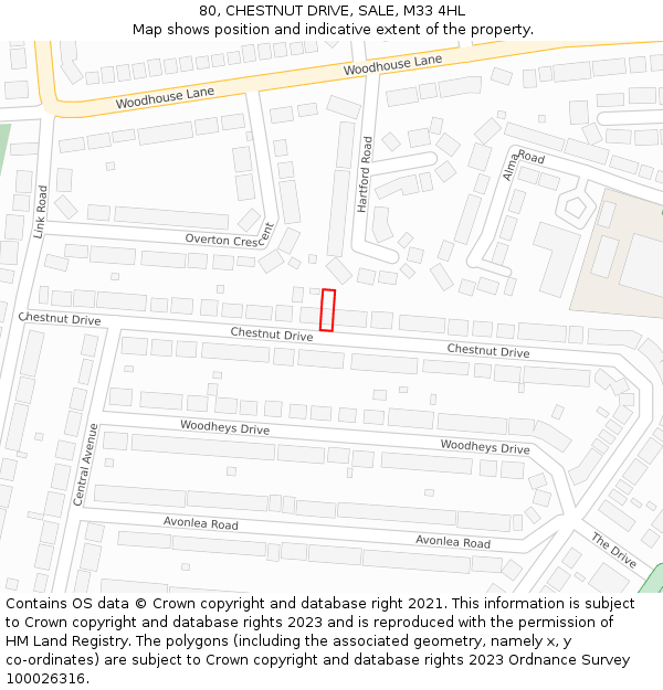 80, CHESTNUT DRIVE, SALE, M33 4HL: Location map and indicative extent of plot