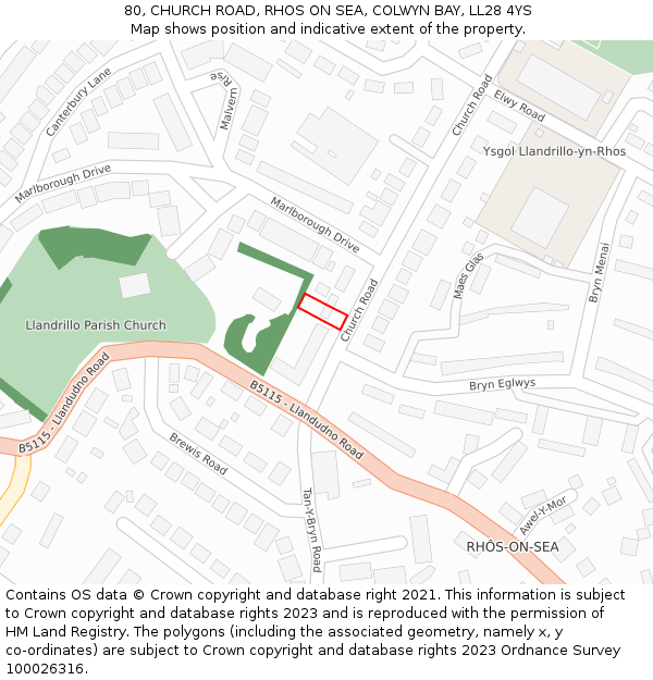 80, CHURCH ROAD, RHOS ON SEA, COLWYN BAY, LL28 4YS: Location map and indicative extent of plot