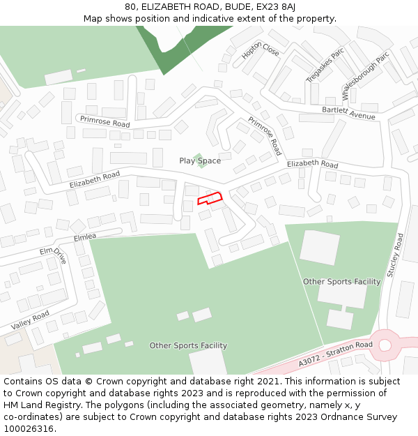 80, ELIZABETH ROAD, BUDE, EX23 8AJ: Location map and indicative extent of plot