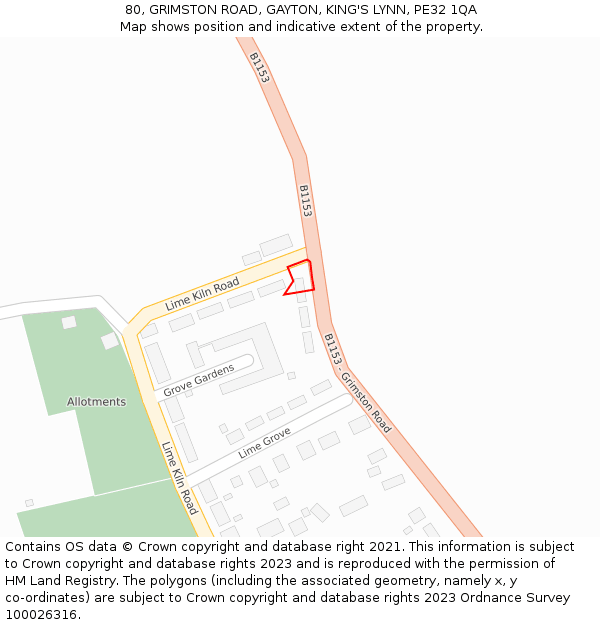 80, GRIMSTON ROAD, GAYTON, KING'S LYNN, PE32 1QA: Location map and indicative extent of plot