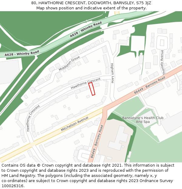 80, HAWTHORNE CRESCENT, DODWORTH, BARNSLEY, S75 3JZ: Location map and indicative extent of plot