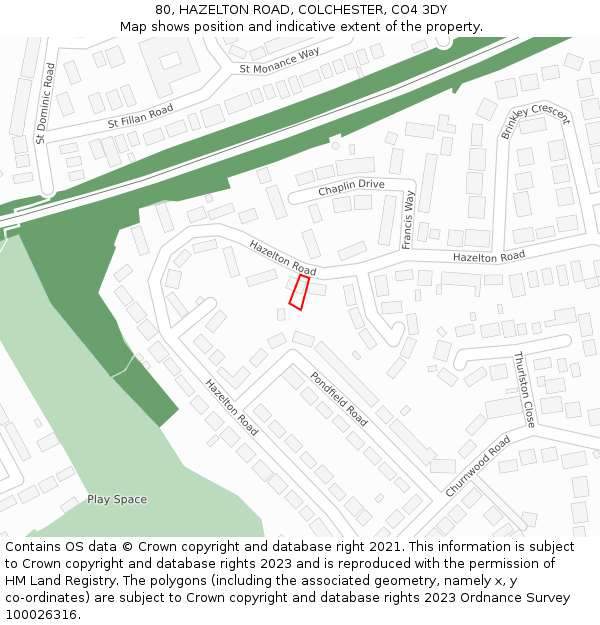 80, HAZELTON ROAD, COLCHESTER, CO4 3DY: Location map and indicative extent of plot