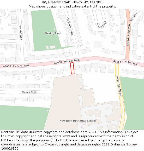 80, HENVER ROAD, NEWQUAY, TR7 3BL: Location map and indicative extent of plot