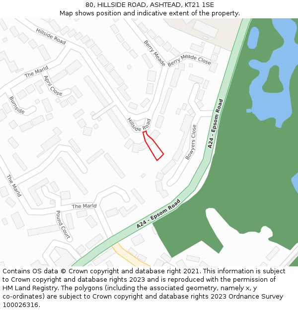 80, HILLSIDE ROAD, ASHTEAD, KT21 1SE: Location map and indicative extent of plot