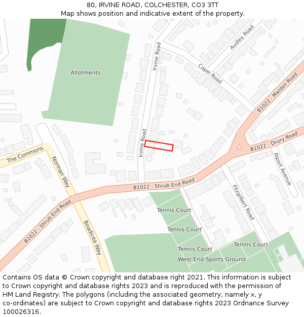 80, IRVINE ROAD, COLCHESTER, CO3 3TT: Location map and indicative extent of plot
