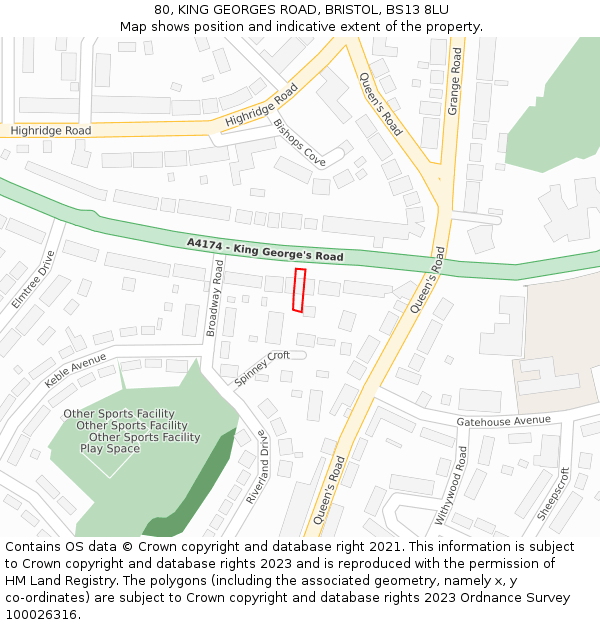 80, KING GEORGES ROAD, BRISTOL, BS13 8LU: Location map and indicative extent of plot