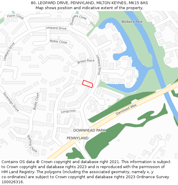 80, LEOPARD DRIVE, PENNYLAND, MILTON KEYNES, MK15 8AS: Location map and indicative extent of plot