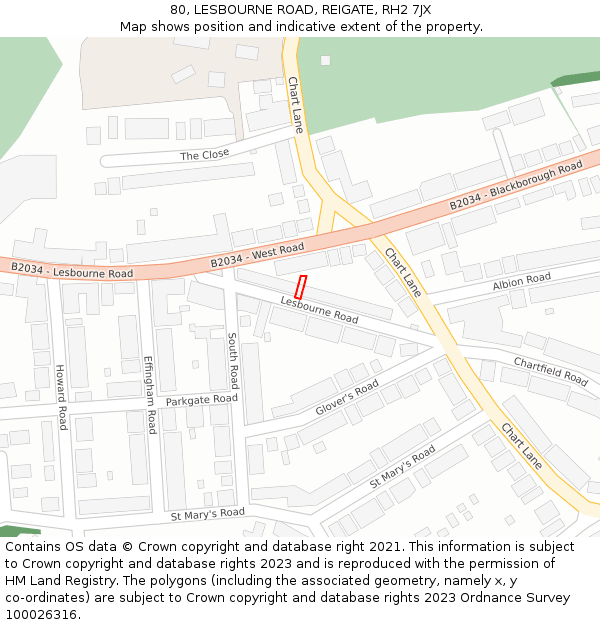 80, LESBOURNE ROAD, REIGATE, RH2 7JX: Location map and indicative extent of plot