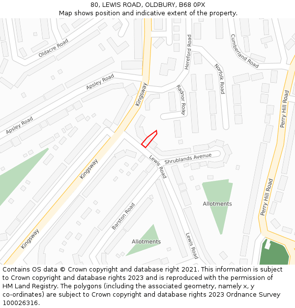 80, LEWIS ROAD, OLDBURY, B68 0PX: Location map and indicative extent of plot