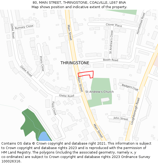 80, MAIN STREET, THRINGSTONE, COALVILLE, LE67 8NA: Location map and indicative extent of plot