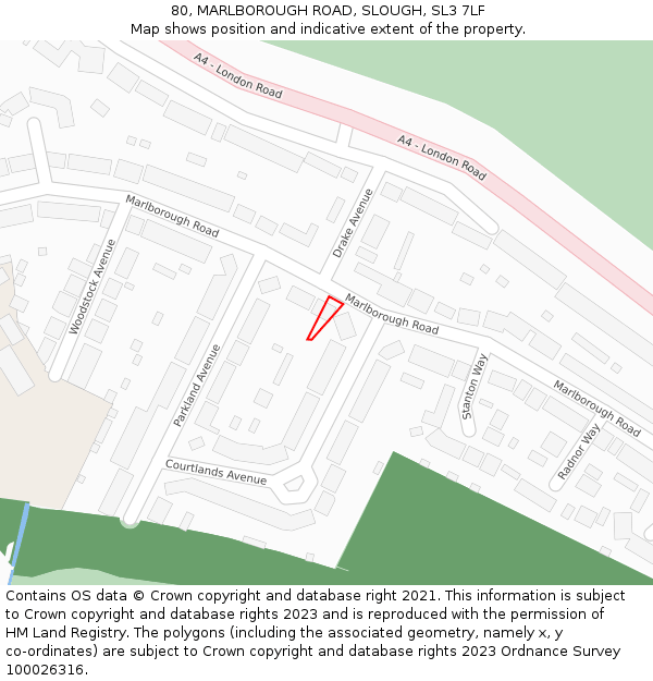 80, MARLBOROUGH ROAD, SLOUGH, SL3 7LF: Location map and indicative extent of plot