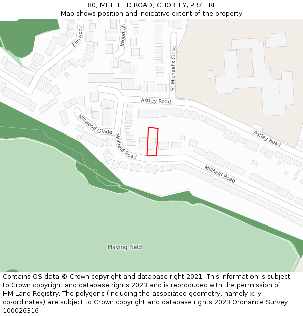 80, MILLFIELD ROAD, CHORLEY, PR7 1RE: Location map and indicative extent of plot