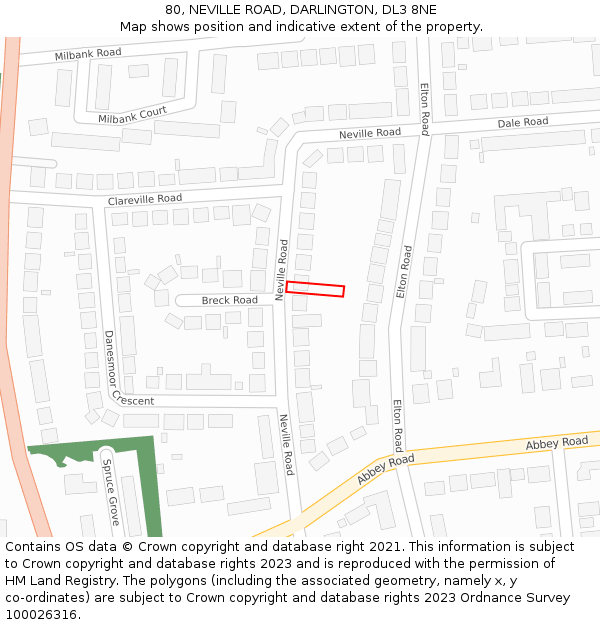 80, NEVILLE ROAD, DARLINGTON, DL3 8NE: Location map and indicative extent of plot