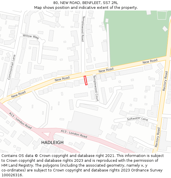 80, NEW ROAD, BENFLEET, SS7 2RL: Location map and indicative extent of plot