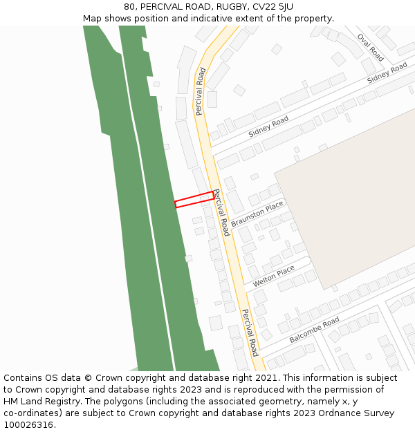 80, PERCIVAL ROAD, RUGBY, CV22 5JU: Location map and indicative extent of plot