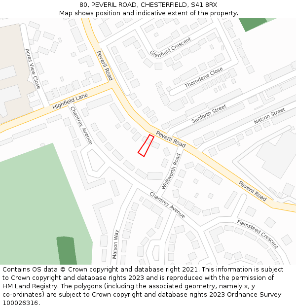 80, PEVERIL ROAD, CHESTERFIELD, S41 8RX: Location map and indicative extent of plot