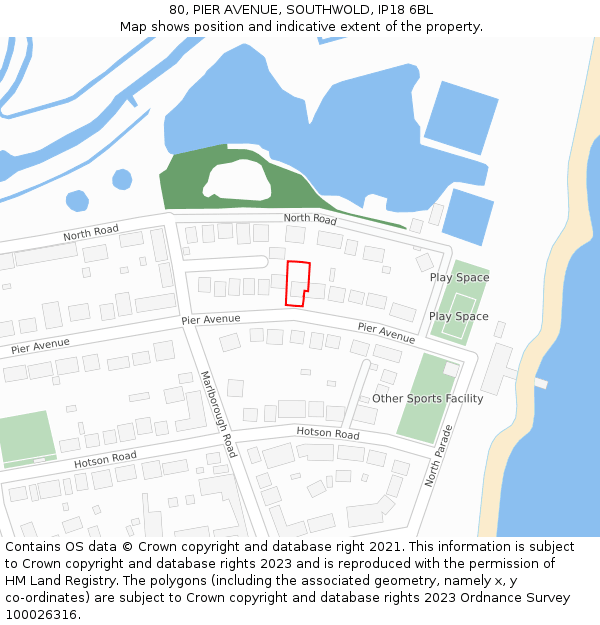 80, PIER AVENUE, SOUTHWOLD, IP18 6BL: Location map and indicative extent of plot