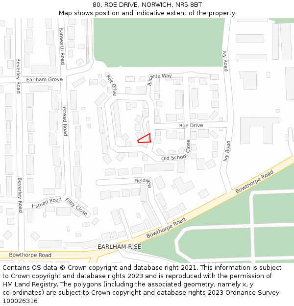 80, ROE DRIVE, NORWICH, NR5 8BT: Location map and indicative extent of plot