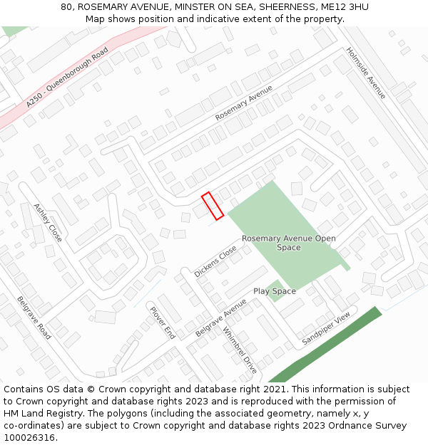 80, ROSEMARY AVENUE, MINSTER ON SEA, SHEERNESS, ME12 3HU: Location map and indicative extent of plot