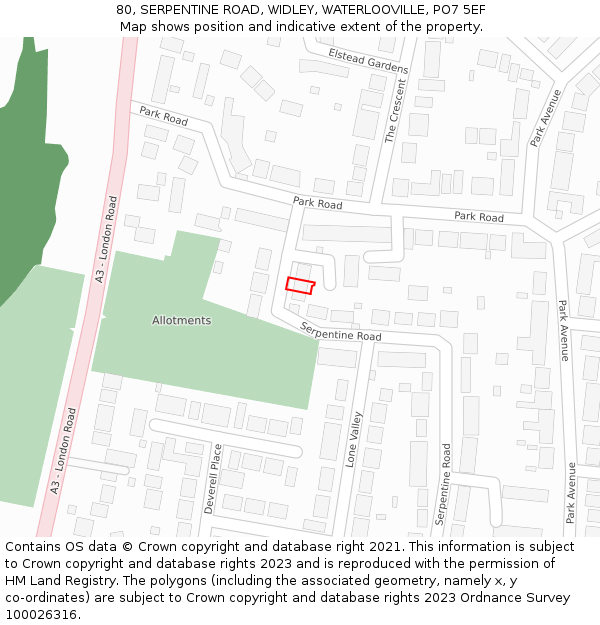 80, SERPENTINE ROAD, WIDLEY, WATERLOOVILLE, PO7 5EF: Location map and indicative extent of plot