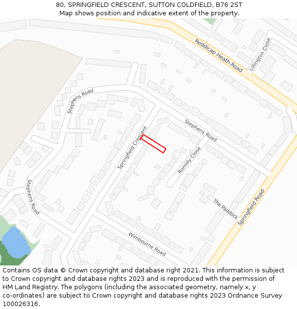 80, SPRINGFIELD CRESCENT, SUTTON COLDFIELD, B76 2ST: Location map and indicative extent of plot