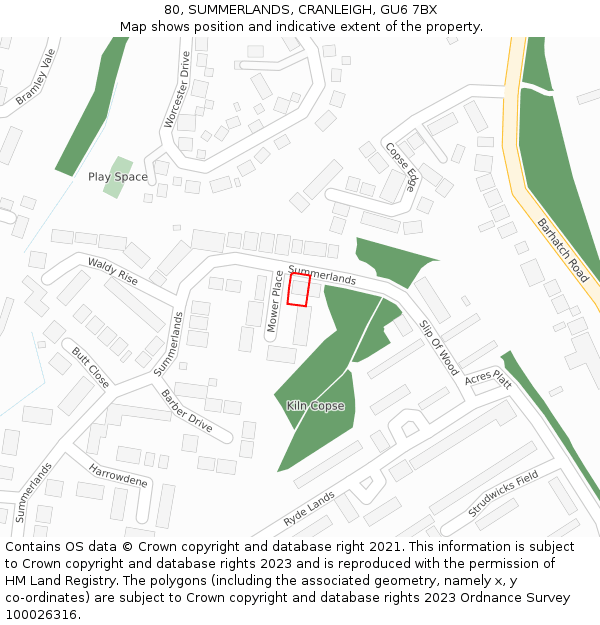 80, SUMMERLANDS, CRANLEIGH, GU6 7BX: Location map and indicative extent of plot
