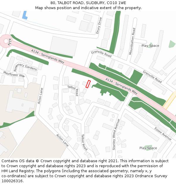 80, TALBOT ROAD, SUDBURY, CO10 1WE: Location map and indicative extent of plot