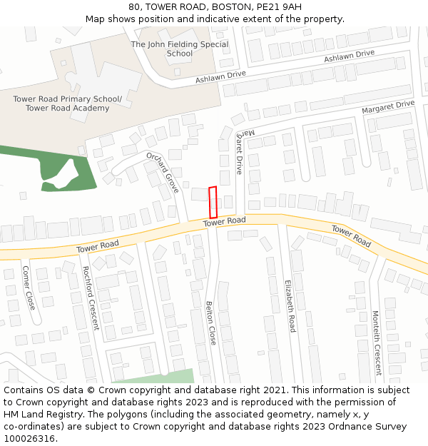 80, TOWER ROAD, BOSTON, PE21 9AH: Location map and indicative extent of plot