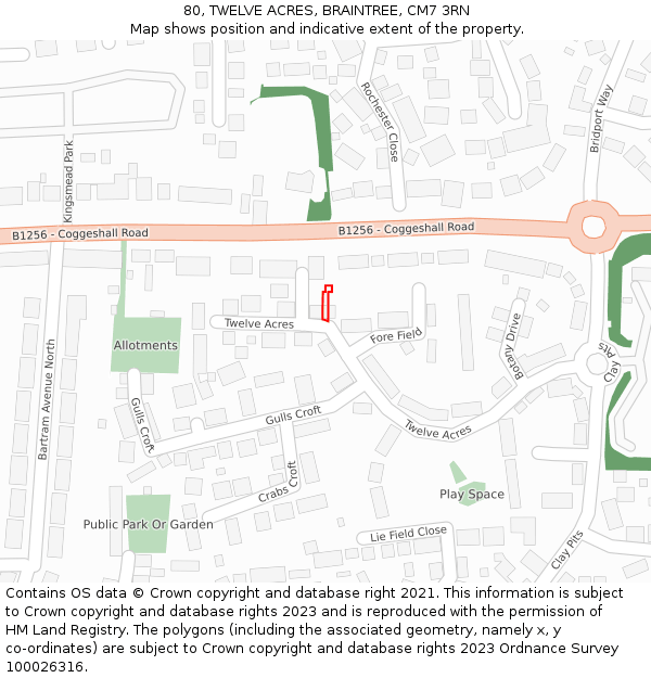 80, TWELVE ACRES, BRAINTREE, CM7 3RN: Location map and indicative extent of plot