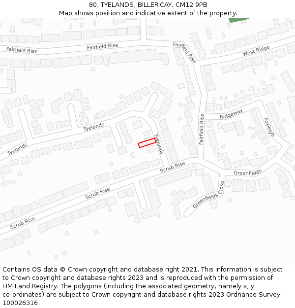 80, TYELANDS, BILLERICAY, CM12 9PB: Location map and indicative extent of plot